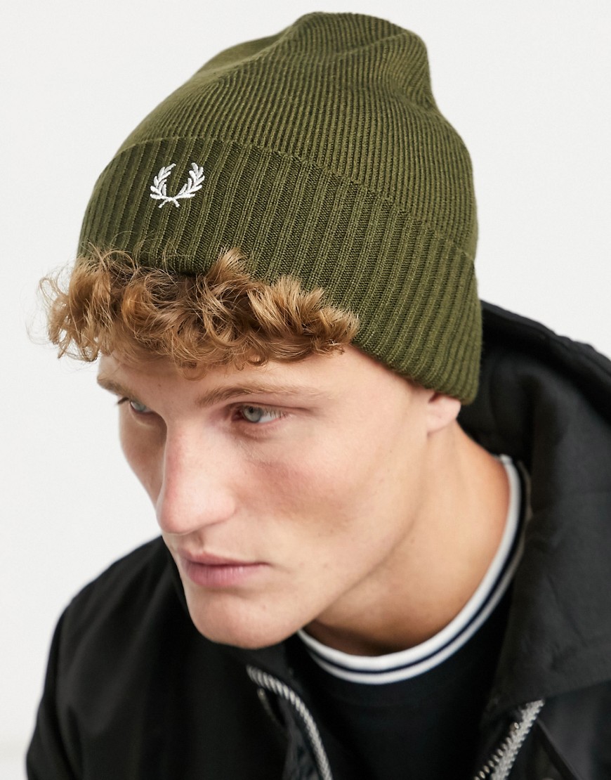 Fred Perry Roll Up Beanie Hat In Khaki-green