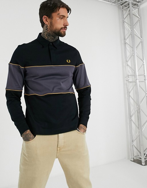 Fred Perry rugby colour block polo in black and grey