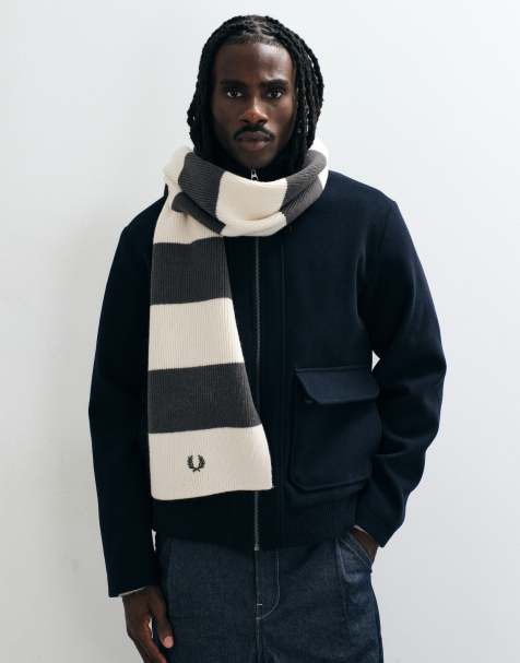 Fred Perry scarf med breda ränder och ribbstruktur i grått och naturvitt - view 1