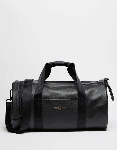 Fred Perry scotchgrain leather classic barrel bag in black - view 1