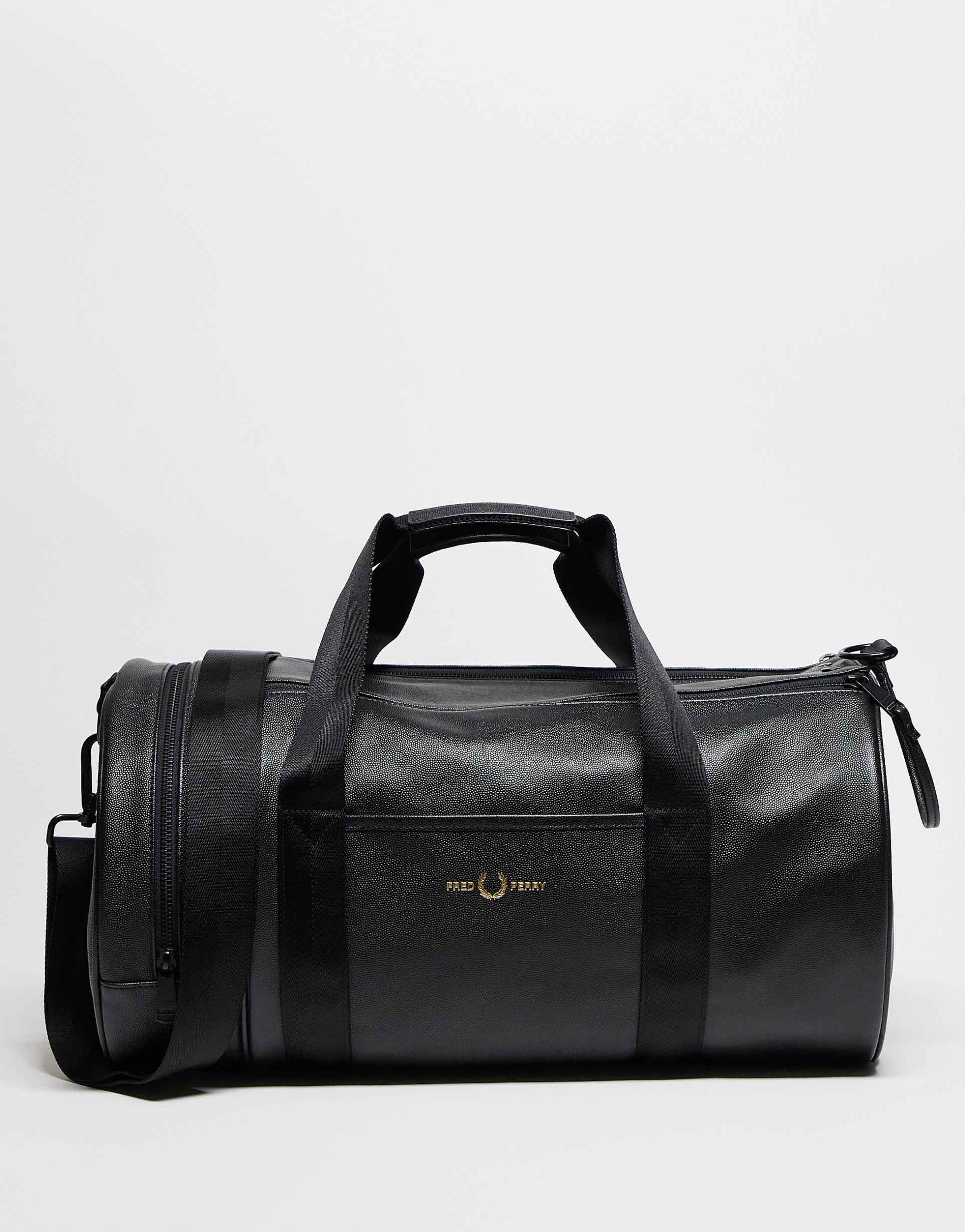 fred perry scotchgrain leather classic barrel bag in black