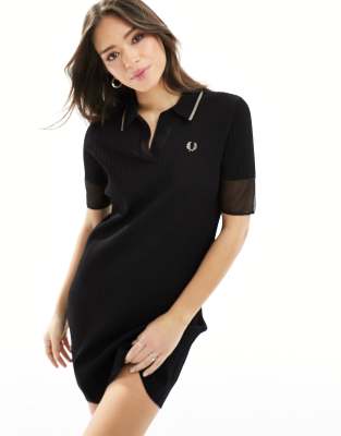 Fred Perry Sheer Trim Knitted Dress In Black