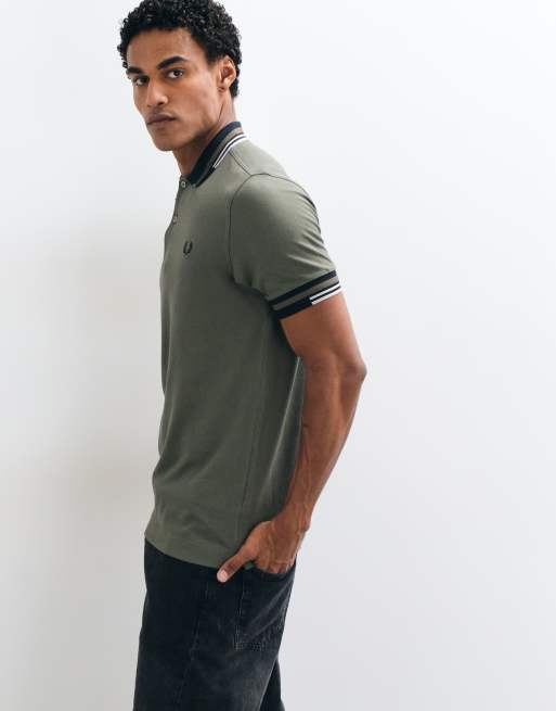 Fred Perry short sleeve abstrat tipped logo polo shirt in khaki, 2 of 5