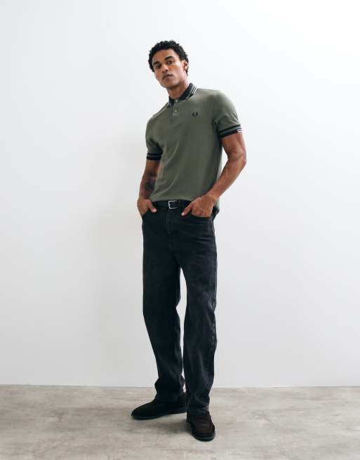 Fred Perry short sleeve abstrat tipped logo polo shirt in khaki, 4 of 5