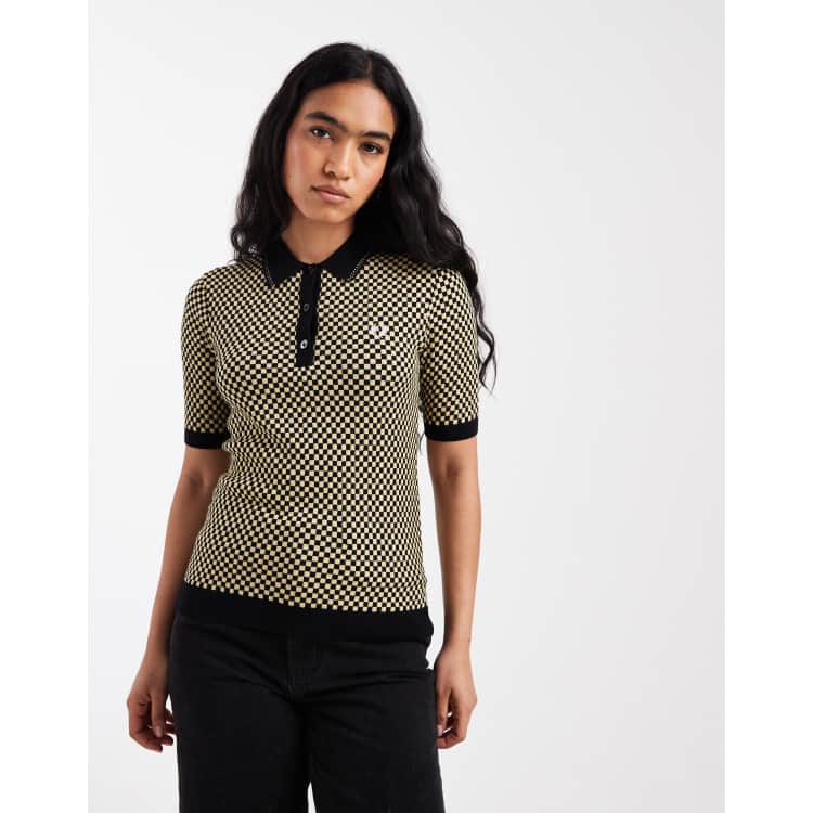 Fred Perry short sleeve checkerboard knit logo shirt in black/gold