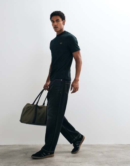 Fred Perry short sleeve fine stripe heavyweight t-shirt in black/green, 2 of 10