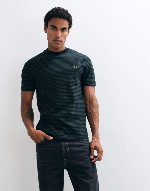 Fred Perry short sleeve fine stripe heavyweight t-shirt in black/green, 3 of 10