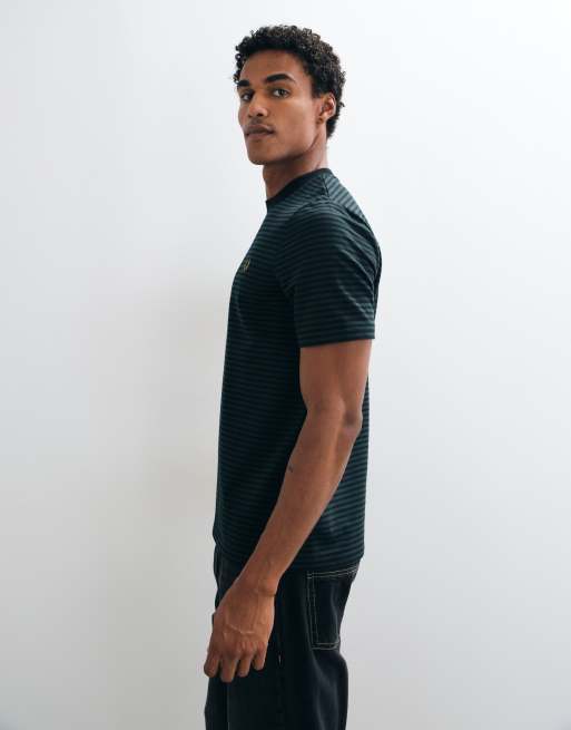 Fred Perry short sleeve fine stripe heavyweight t-shirt in black/green, 4 of 10