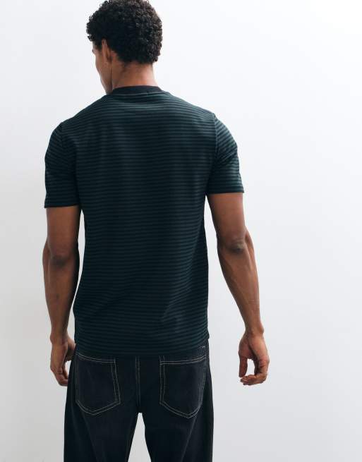 Fred Perry short sleeve fine stripe heavyweight t-shirt in black/green, 5 of 10