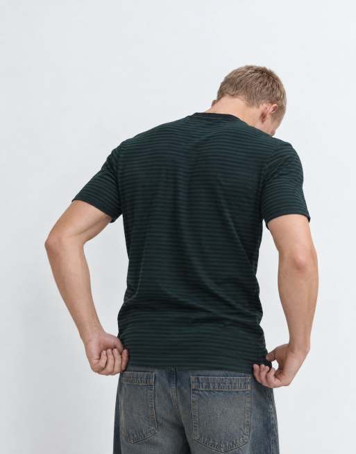 Fred Perry short sleeve fine stripe heavyweight t-shirt in black/green, 6 of 10