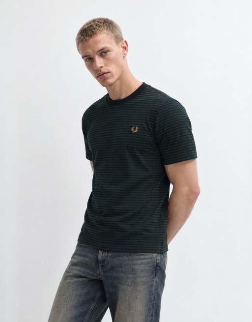 Fred Perry short sleeve fine stripe heavyweight t-shirt in black/green, 7 of 10