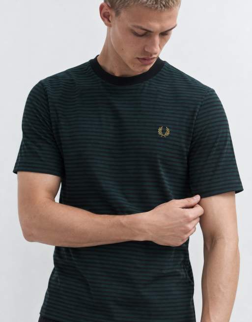 Fred Perry short sleeve fine stripe heavyweight t-shirt in black/green, 8 of 10