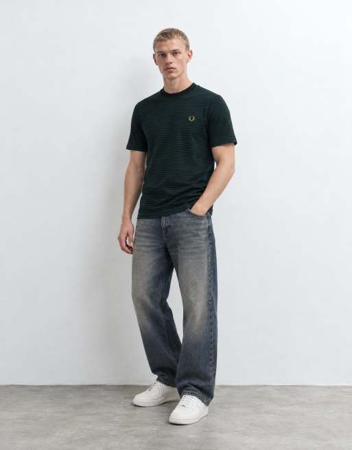 Fred Perry short sleeve fine stripe heavyweight t-shirt in black/green, 9 of 10