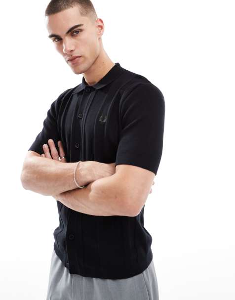 Fred Perry short sleeve knitted button through shirt in black - view 1