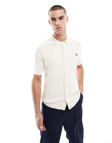 Fred Perry short sleeve knitted button through shirt in off white - view 1