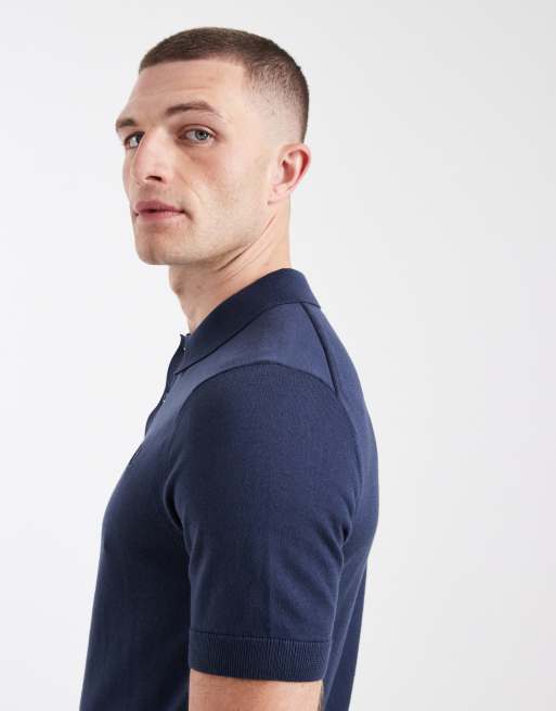 Fred Perry short sleeve knitted logo polo shirt in dark blue, 4 of 5