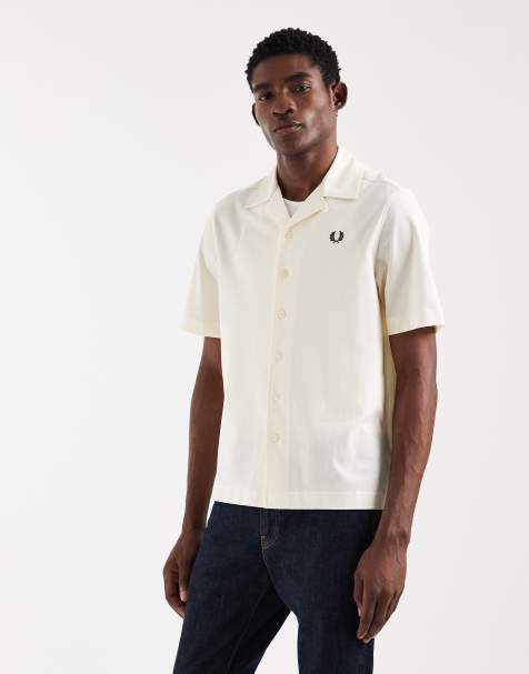 Fred Perry short sleeve revere collar logo shirt in ecru - view 1