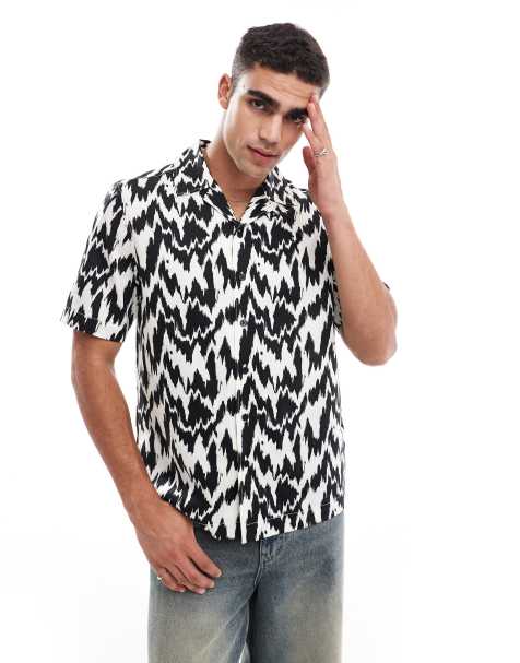 Fred Perry short sleeve revere collared shirt in black and white animal print - view 1