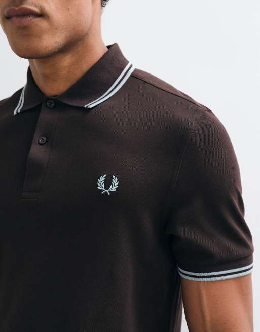 Fred Perry short sleeve twin tipped logo polo shirt in brown, 2 of 5