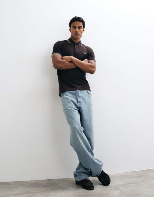 Fred Perry short sleeve twin tipped logo polo shirt in brown, 3 of 5