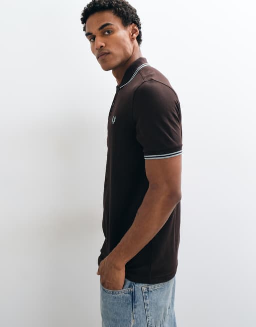 Fred Perry short sleeve twin tipped logo polo shirt in brown, 4 of 5