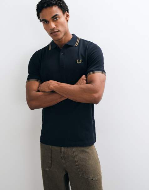 Fred Perry short sleeve twin tipped logo polo shirt in navy/bronze - view 1
