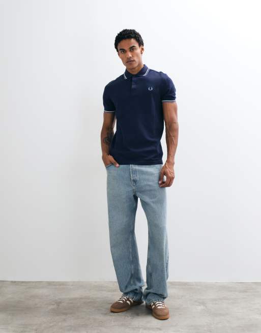 Fred Perry short sleeve twin tipped logo polo shirt in navy, 5 of 5