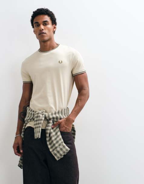 Fred Perry short sleeve twin tipped logo t-shirt in beige - view 1
