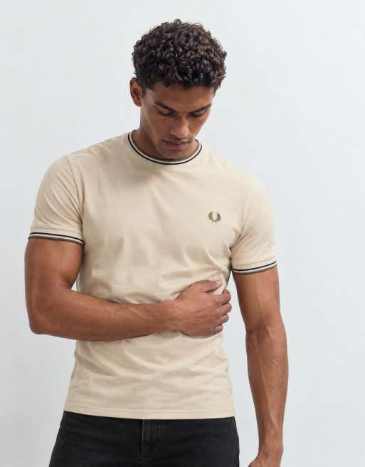 Fred Perry short sleeve twin tipped logo t-shirt in beige, 6 of 9