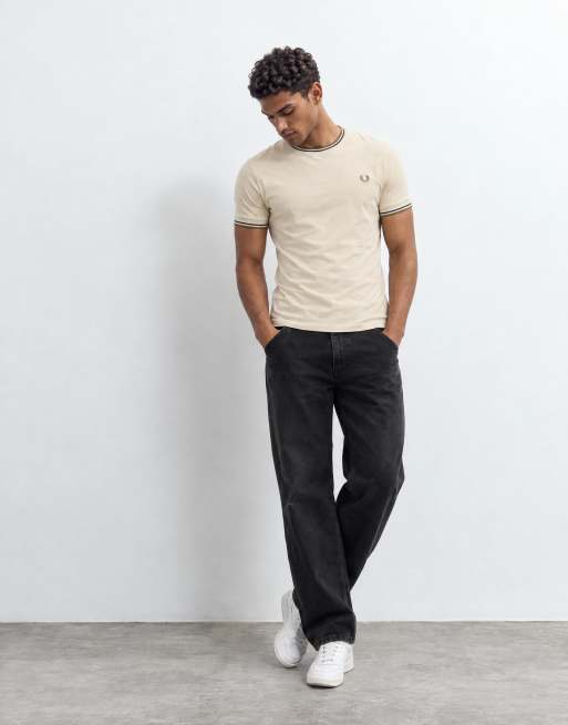 Fred Perry short sleeve twin tipped logo t-shirt in beige, 7 of 9
