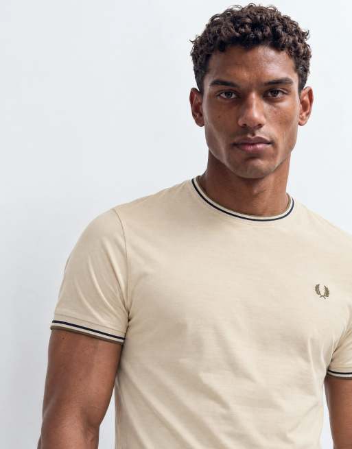 Fred Perry short sleeve twin tipped logo t-shirt in beige, 8 of 9