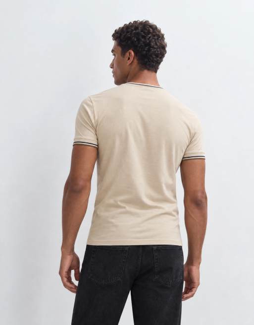 Fred Perry short sleeve twin tipped logo t-shirt in beige, 9 of 9