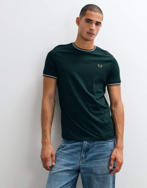 Fred Perry short sleeve twin tipped logo t-shirt in dark green, 2 of 5