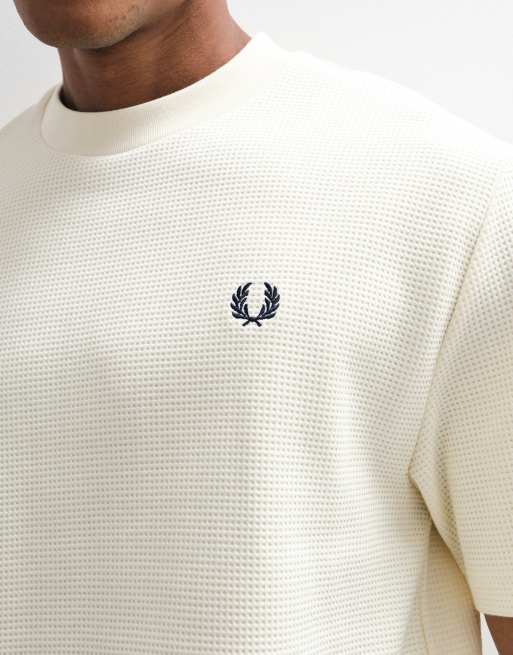 Fred Perry short sleeve waffle logo t-shirt in ecru, 3 of 10