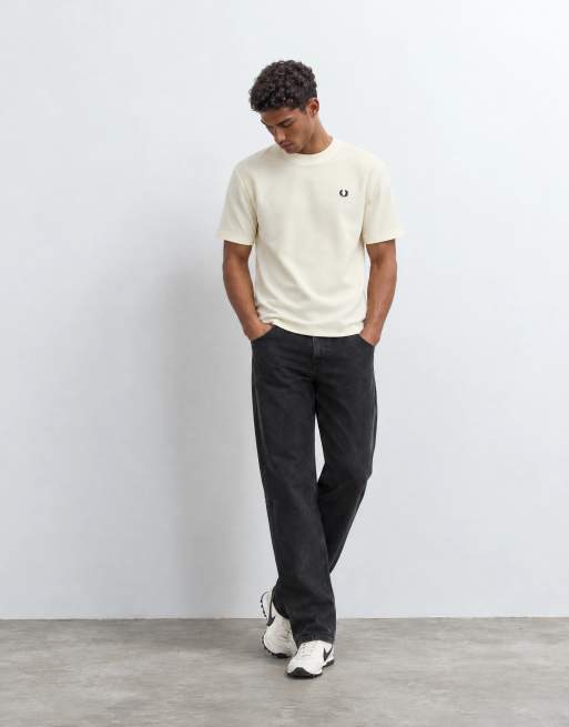 Fred Perry short sleeve waffle logo t-shirt in ecru, 9 of 10