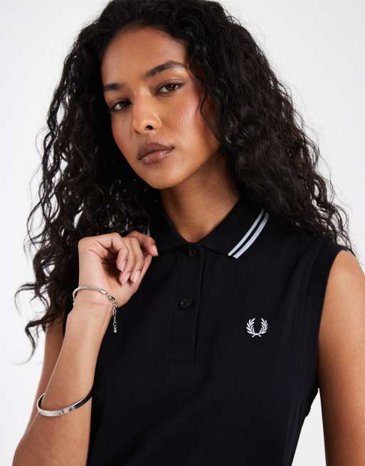 Fred Perry sleeveless mini shirt dress in black with dusky blue tipping, 3 of 4