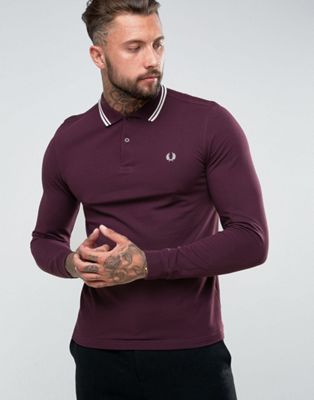 Fred Perry Slim Fit Long Sleeve Tipped Polo In Burgundy | ASOS