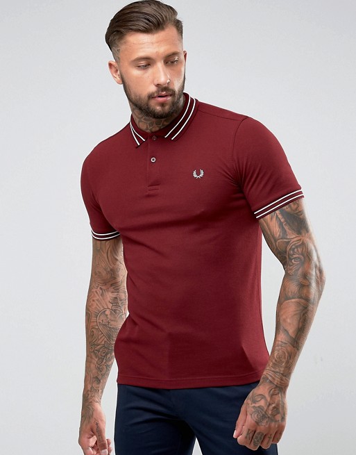 Fred Perry Slim Fit Polo With Textured Tipped Collar In Burgundy | ASOS