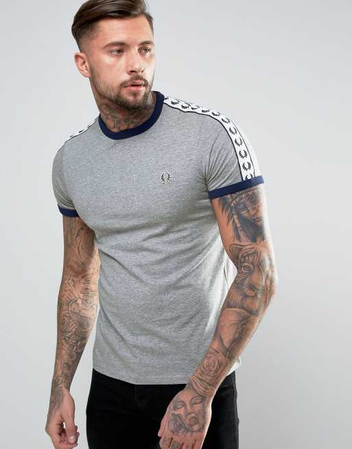 Fred Perry Slim Fit Sports Authentic Taped Sleeve T Shirt In Grey