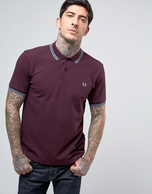 Fred Perry | Fred Perry Slim Pique Polo Shirt Twin Tipped in Dark Burgundy