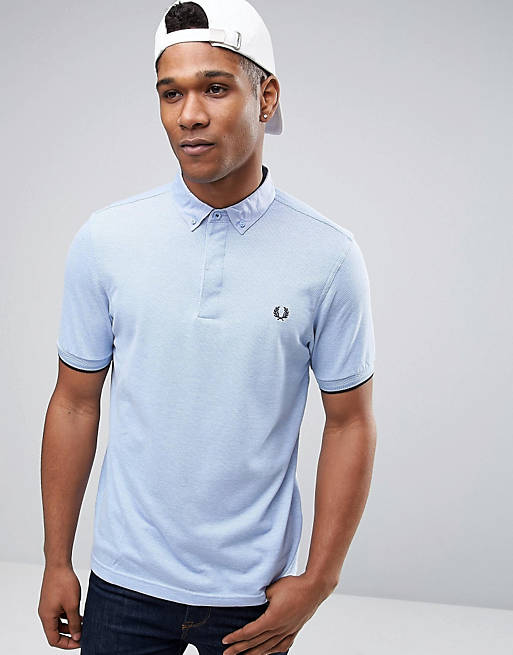 Fred Perry Slim Pique Polo Shirt Woven Buttondown Collar in Blue | ASOS