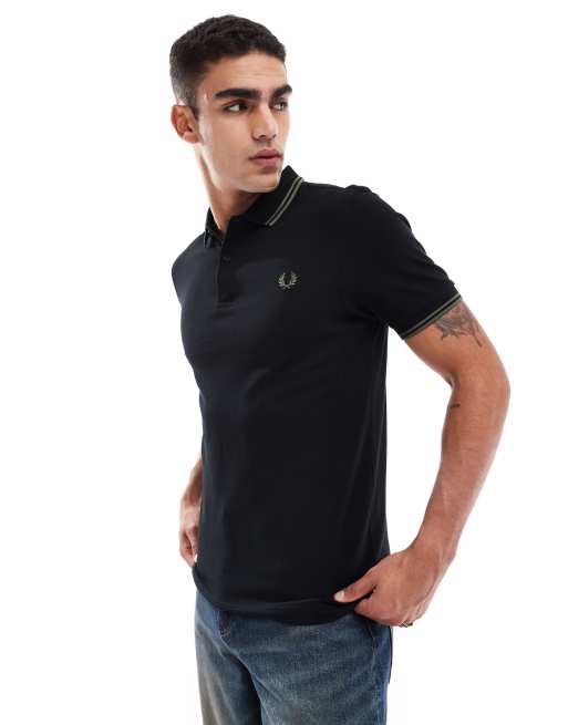 Fred Perry - Sort og grøn poloskjorte med to striber i kanten