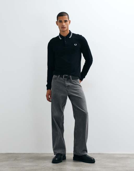 Fred Perry  - Sort poloskjorte med lange ærmer og dobbeltstriber på krave, 4 af 5