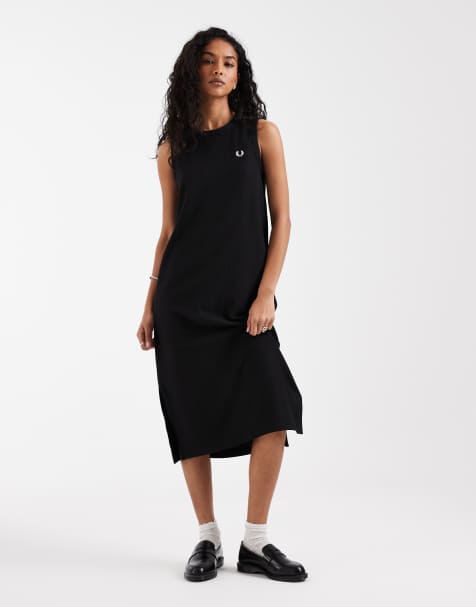 Fred Perry - Sort ribstrikket ærmeløs midikjole med logo i trikot - view 1