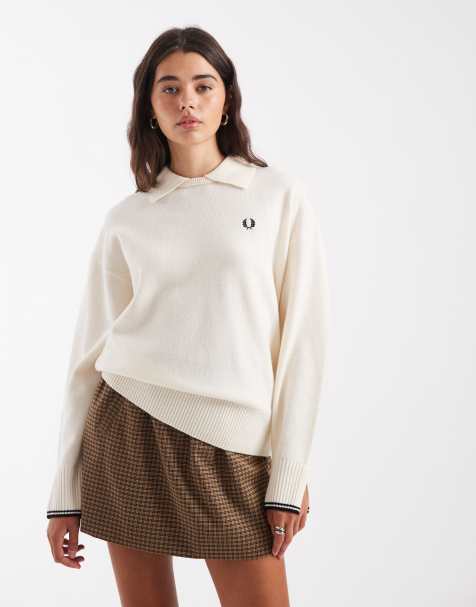 Fred Perry split cuff collared knitted jumper in ecru - view 1