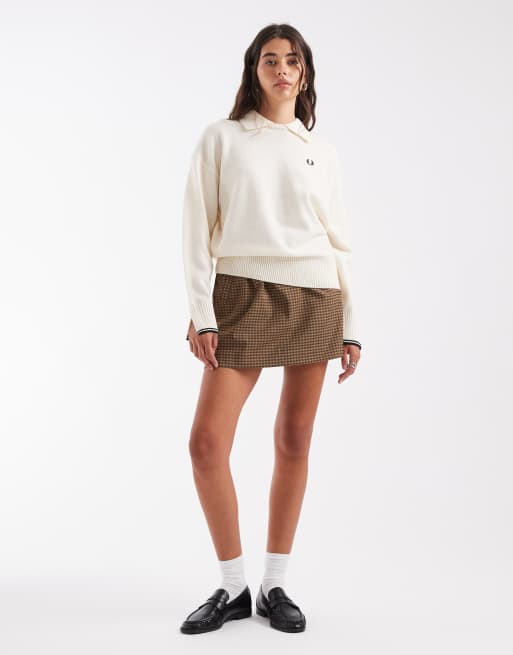 Fred Perry split cuff collared knitted jumper in ecru, 2 of 4