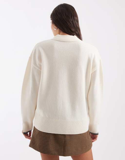 Fred Perry split cuff collared knitted jumper in ecru, 4 of 4