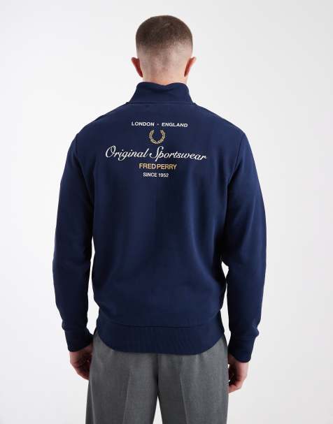 Fred Perry - Sport Original - Blå sweatshirt med halv lynlås og broderet logo på ryggen - view 1