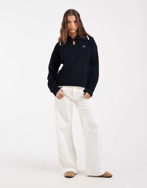 Fred Perry Strickhemd mit kontrastierendem, weitem Kragen in Marineblau - view 1