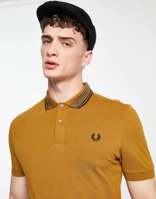 Fred Perry stripe collar polo shirt in tan